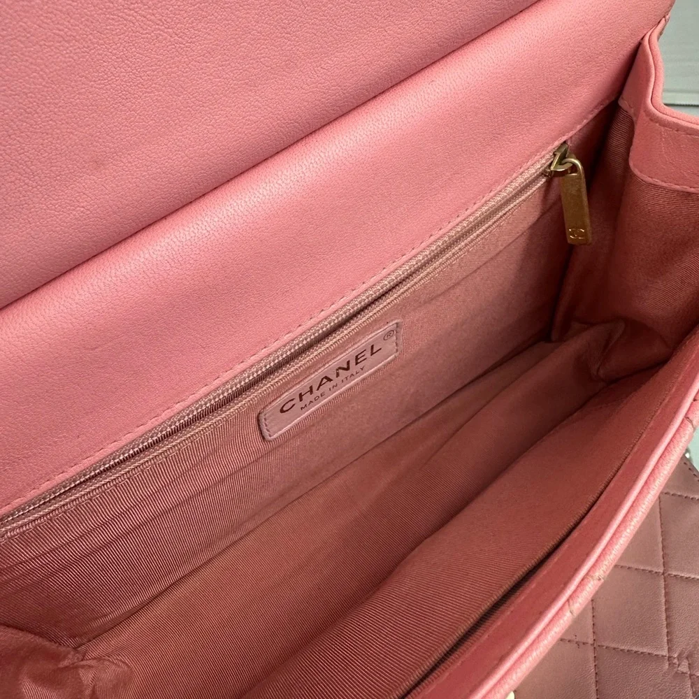 CHANEL Pink Quilted Lambskin Flap Bag with Pearl-Accented Chain